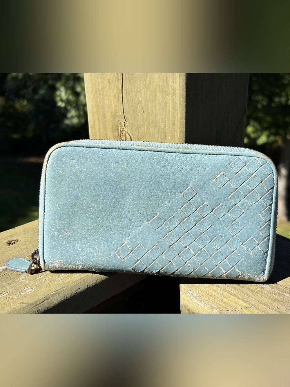 Bottega Veneta Light Blue Woven Leather Long Zip Wallet